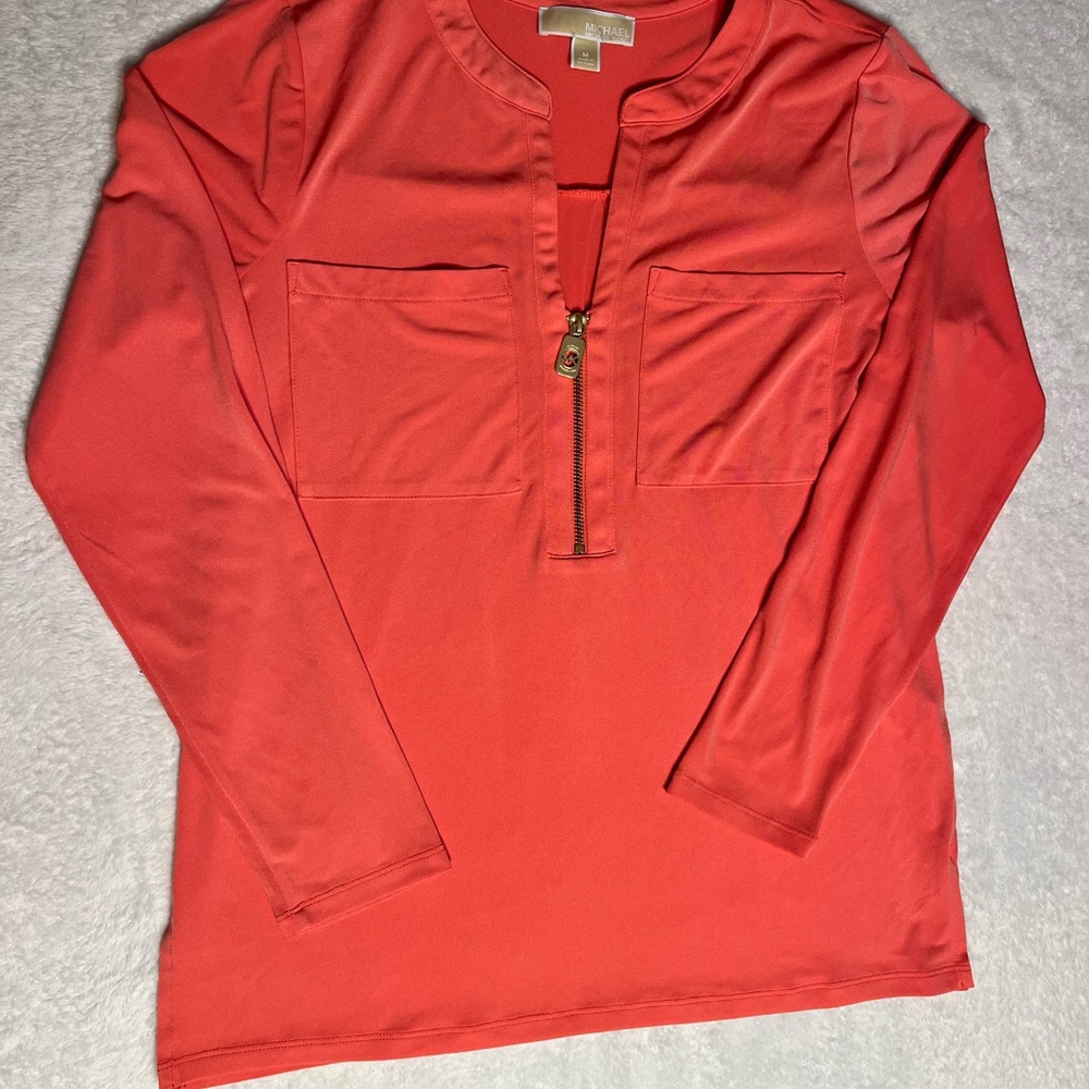 Michael Kors Coral-Pink Half-Zip Pocket Long Sleeve Top